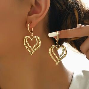Double Layered Heart Dangle Earrings Hammered Brutalist Look Modern New